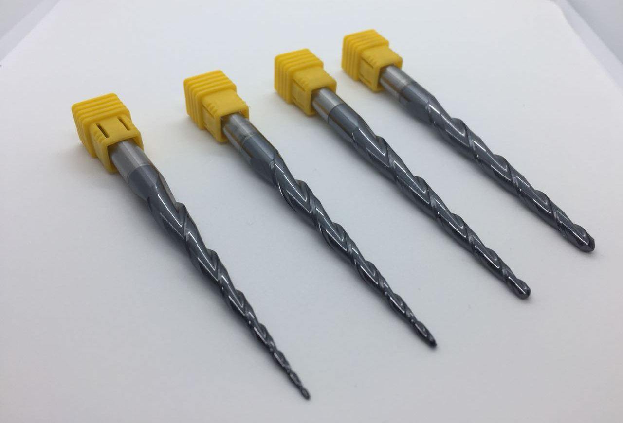 4PCS R0.5&amp;1.0&amp;1.5&amp;2.0mm 2F D8 L100 HRC55 Tungsten Tapered Ball Nose End Mills bit - Extrusion and CNC