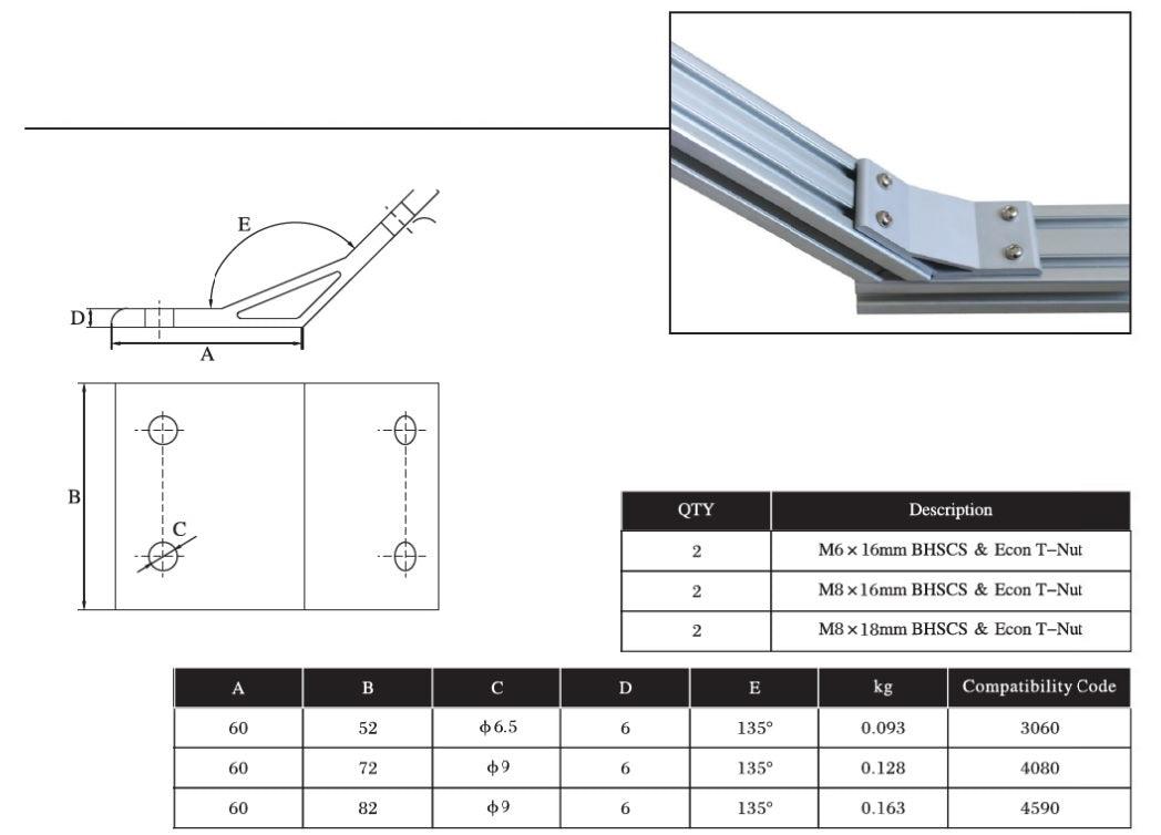135 Degree Extrusion Brackets 4 bolts 9090
