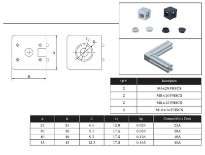 2 Sides Corner cube connector 20 series for extrusion aluminium profile 2020 with bolts and side covers