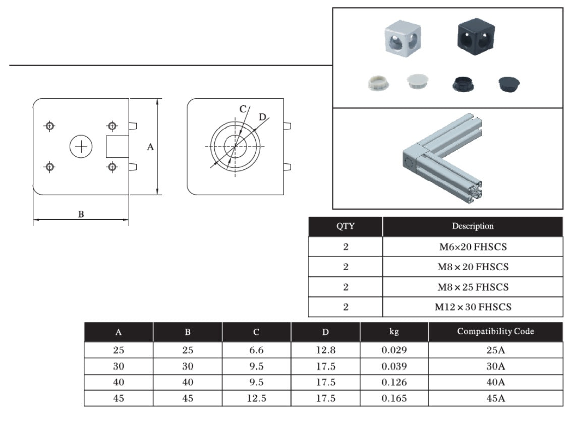 2 Sides Corner cube connector 40 series for extrusion aluminium profile 4040 with bolts and side covers