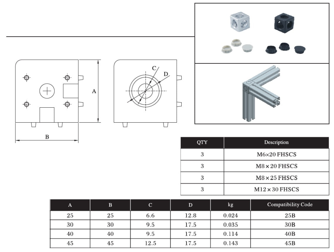 3 Sides Corner cube connector 30 series for extrusion aluminium profile 3030 with bolts and side covers