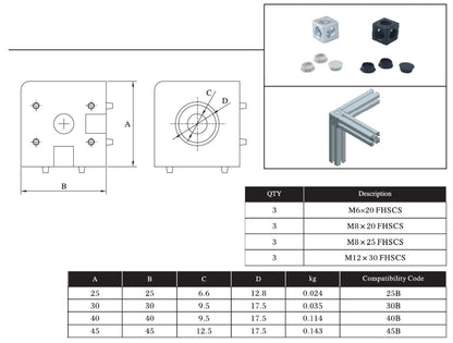 3 Sides Corner cube connector 30 series for extrusion aluminium profile 3030 with bolts and side covers