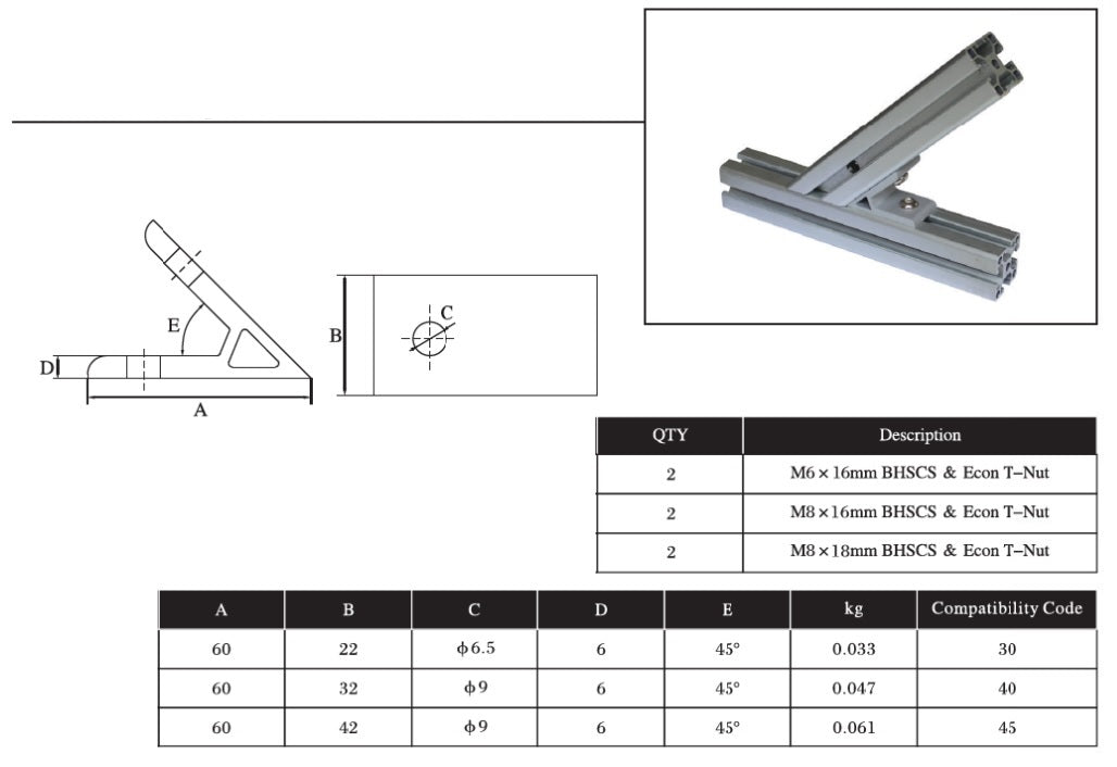 45 Degree Extrusion Brackets 2 bolts 2020