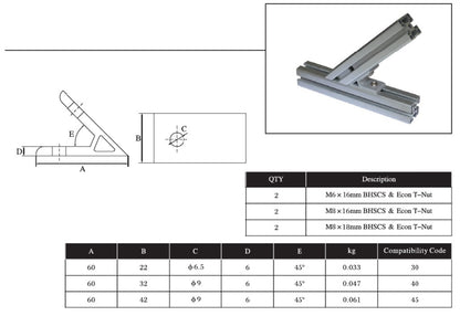 45 Degree Extrusion Brackets 2 bolts 3030